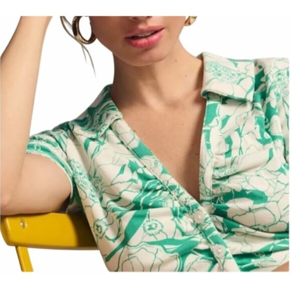 Anthropologie Maeve Ruched Floral Blouse Short Sleeve Womens Top X-Small - Picture 5 of 15